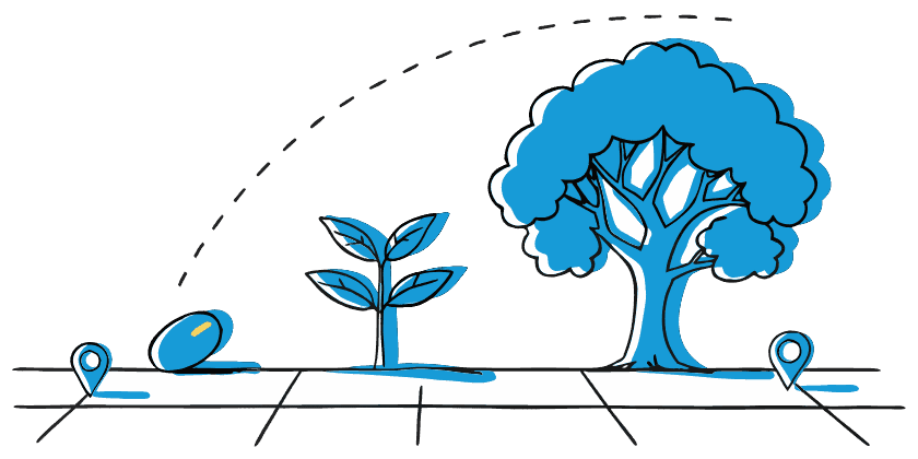 Illustration of a seed growing into a tree on a map grid, for startup funding