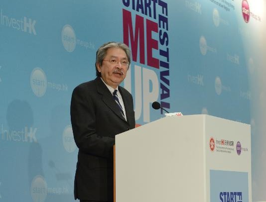  The Financial Secretary, Mr John C Tsang, this morning (January 26) gives the opening remarks at the StartmeupHK Venture Forum 2016 held by Invest Hong Kong