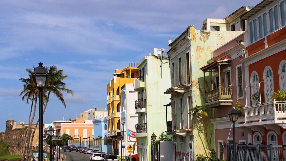 Aerial view of Old San Juan, Puerto Rico, with colourful buildings along the harbour
